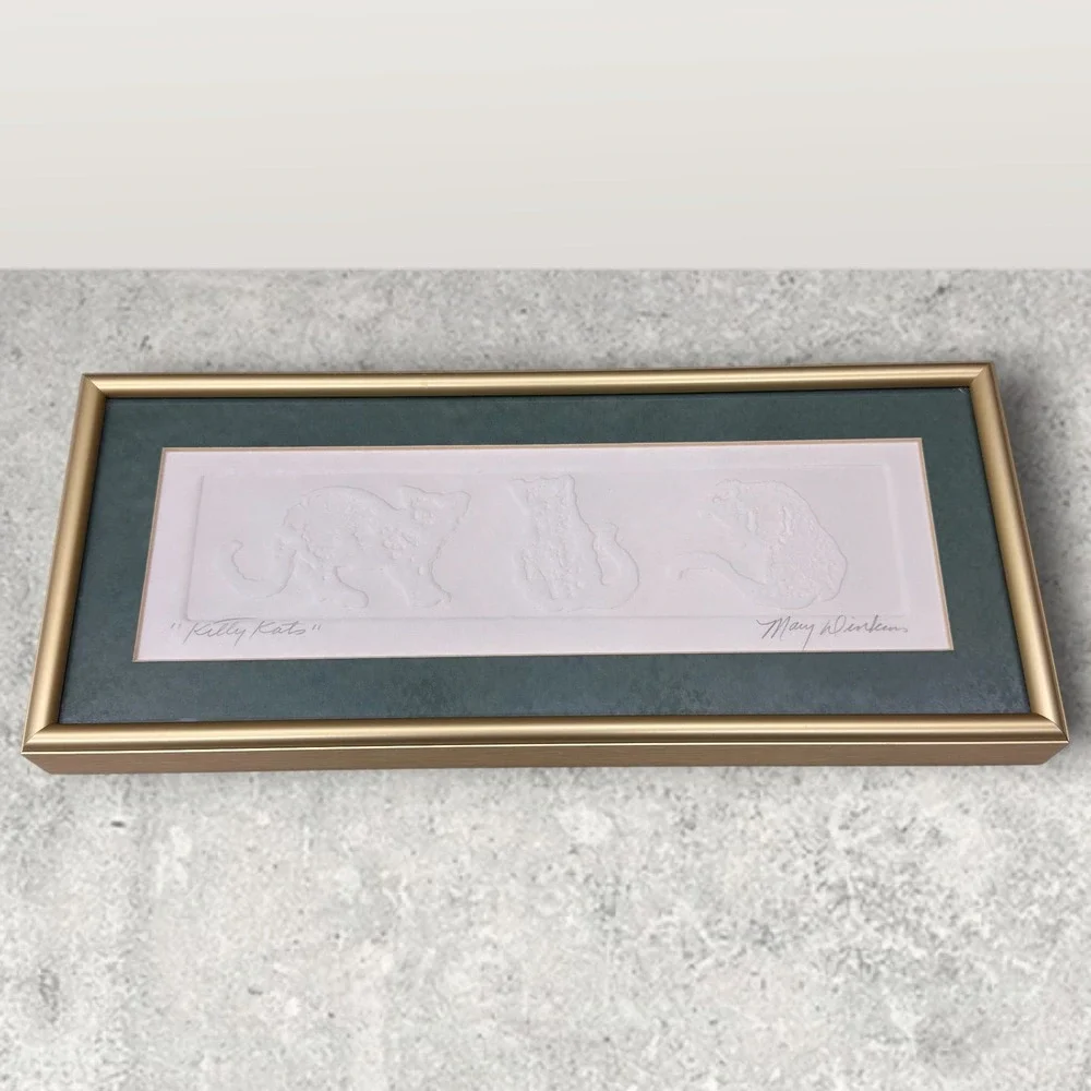Mary Dinkins Kitty Kats Signed Cast Paper Art Framed Gold Green Mat Relief 12x5